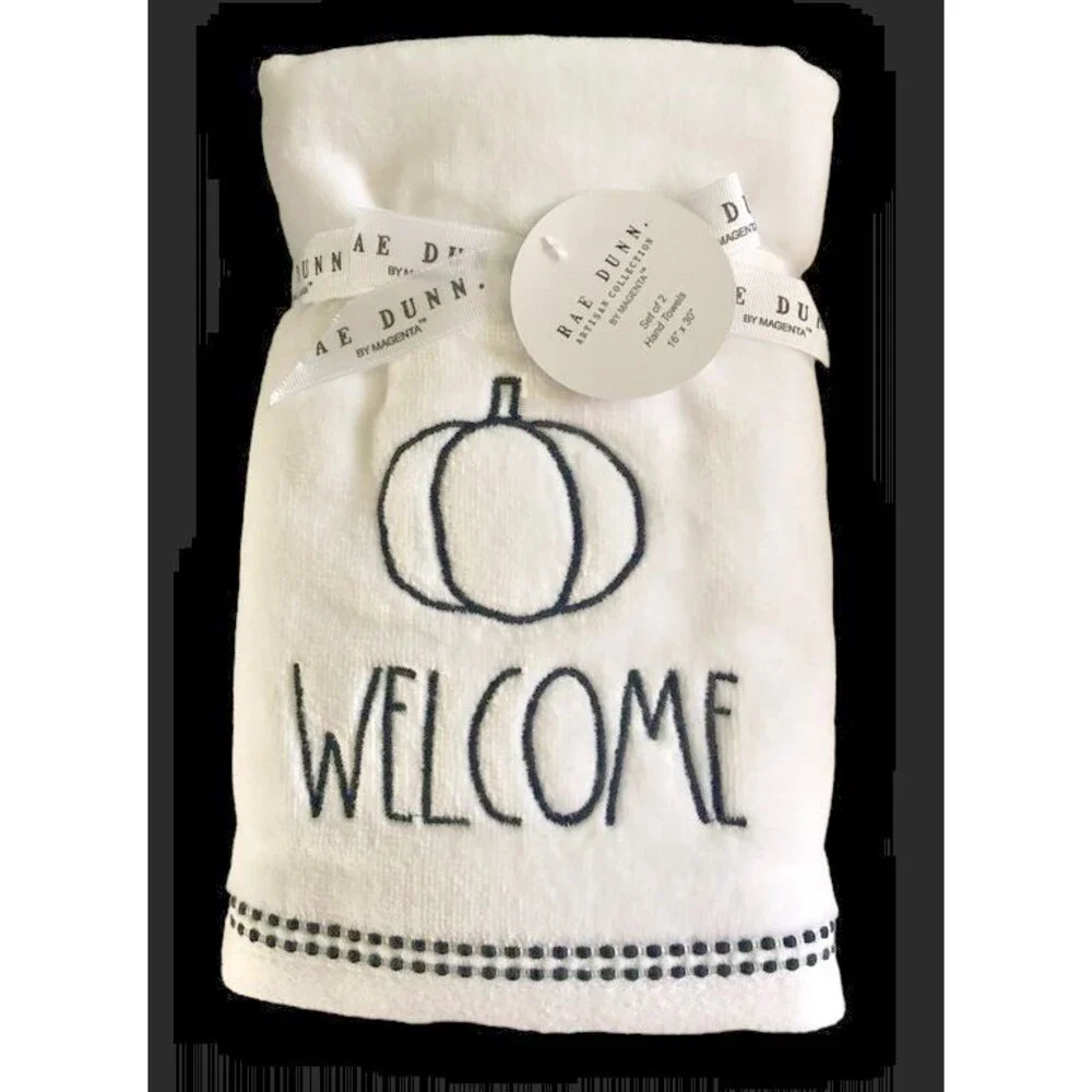 Rae Dunn Thanksgiving Hand Towels Set of 2 Pumpkin Welcome Embroidered Fall